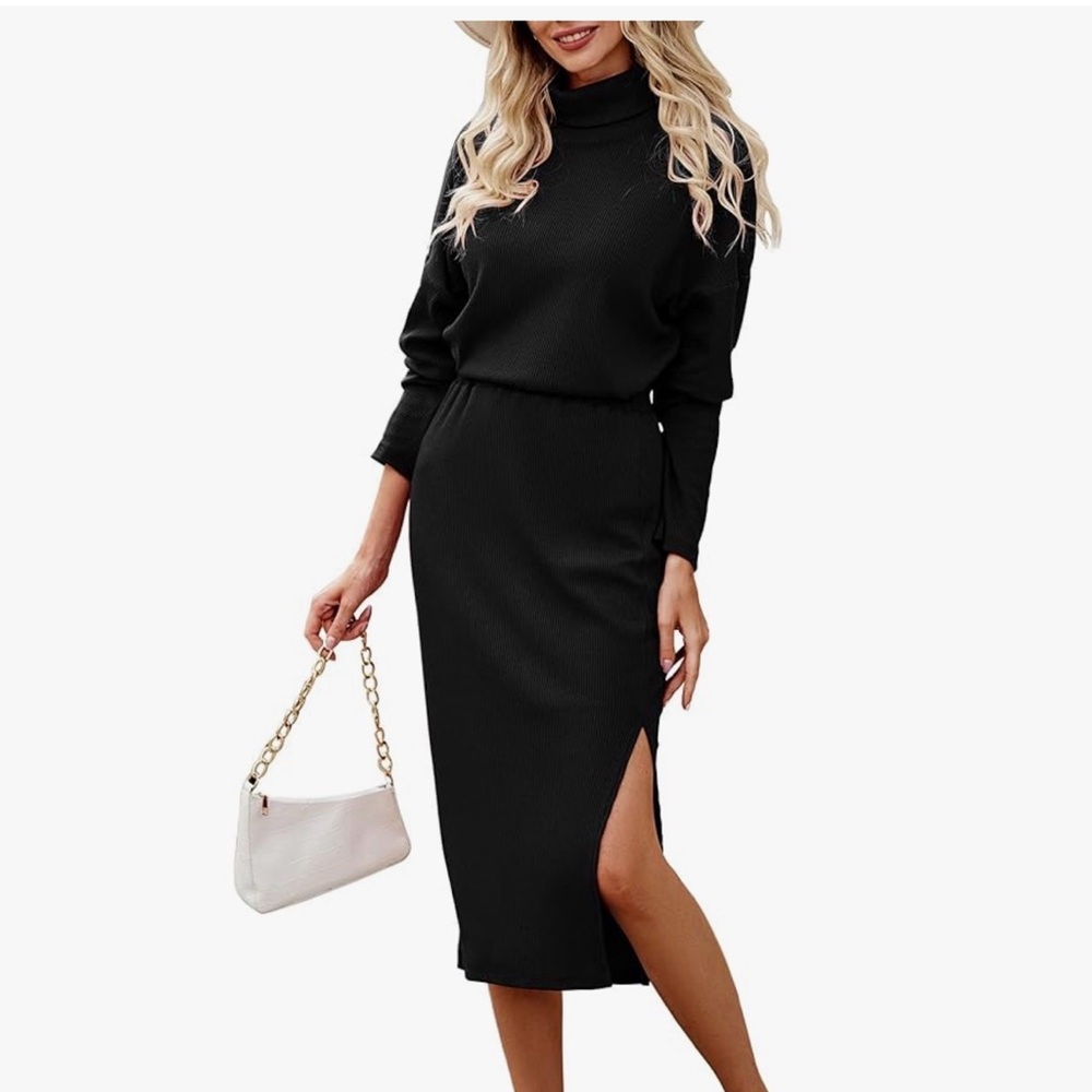Vici Black Turtleneck Midi Skirt Set with Side Slit